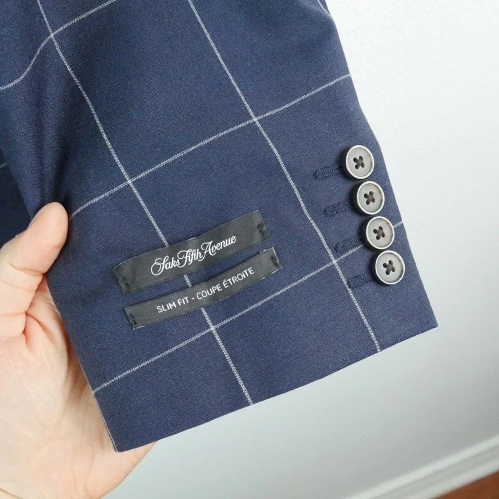 Saks Fifth Avenue Mens Navy Windowpane Silk Wool Slim Fit Blazer Sport Coat 44R